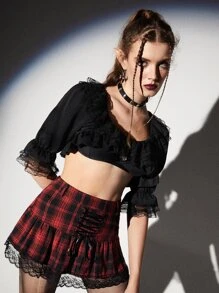 ROMWE Contrast Lace Crop Top - Black - View 3