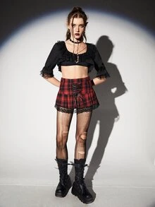 ROMWE Contrast Lace Crop Top - Black - View 4