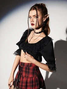 ROMWE Contrast Lace Crop Top - Black - View 5