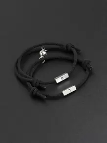 Fashionable and Popular 2pcs Men Sun & Moon Detail Bracelet for Jewelry Gift and for a Stylish Look - Black - View 1
