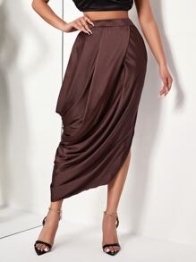 High Waist Draped Split Thigh Satin Skirt - Chocolate Brown - View 1