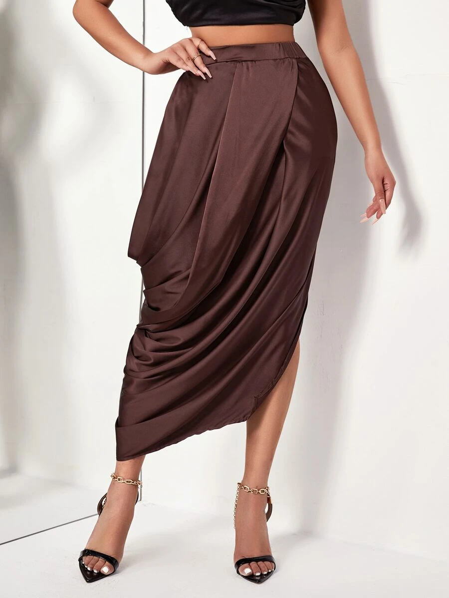High Waist Draped Split Thigh Satin Skirt - Chocolate Brown - View 1