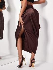High Waist Draped Split Thigh Satin Skirt - Chocolate Brown - View 2