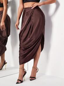 High Waist Draped Split Thigh Satin Skirt - Chocolate Brown - View 3