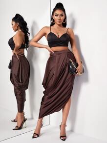 High Waist Draped Split Thigh Satin Skirt - Chocolate Brown - View 4