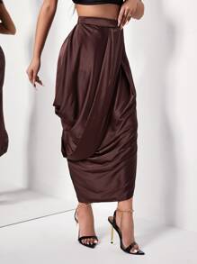 High Waist Draped Split Thigh Satin Skirt - Chocolate Brown - View 5