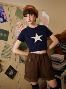 ROMWE Fairycore 星星圖案針織上衣 - 藏蓝色 - 查看 3