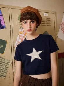 ROMWE Fairycore 星星圖案針織上衣 - 藏蓝色 - 查看 1