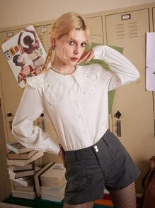 ROMWE Academia Statement Collar Eyelet Embroidery Button Front Blouse, School