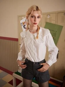 ROMWE Academia Statement Collar Eyelet Embroidery Button Front Blouse, School