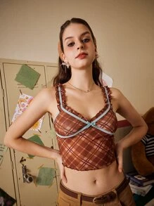 ROMWE Plaid Contrast Binding Frill Bow Decor Cami - Brown - View 4