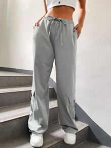 SHEIN Coolane Flap Pocket Drawstring Waist Cargo Trousers - Grey - View 3