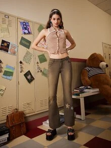 ROMWE Striped Lace Trim Halter Top - Multicolor - View 4