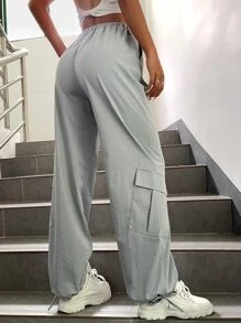 SHEIN Coolane Flap Pocket Drawstring Waist Cargo Trousers - Grey - View 2