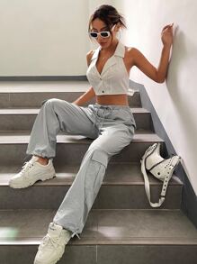 SHEIN Coolane Flap Pocket Drawstring Waist Cargo Trousers - Grey - View 4