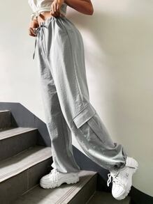 SHEIN Coolane Flap Pocket Drawstring Waist Cargo Trousers - Grey - View 5