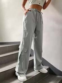 SHEIN Coolane Flap Pocket Drawstring Waist Cargo Trousers - Grey - View 1