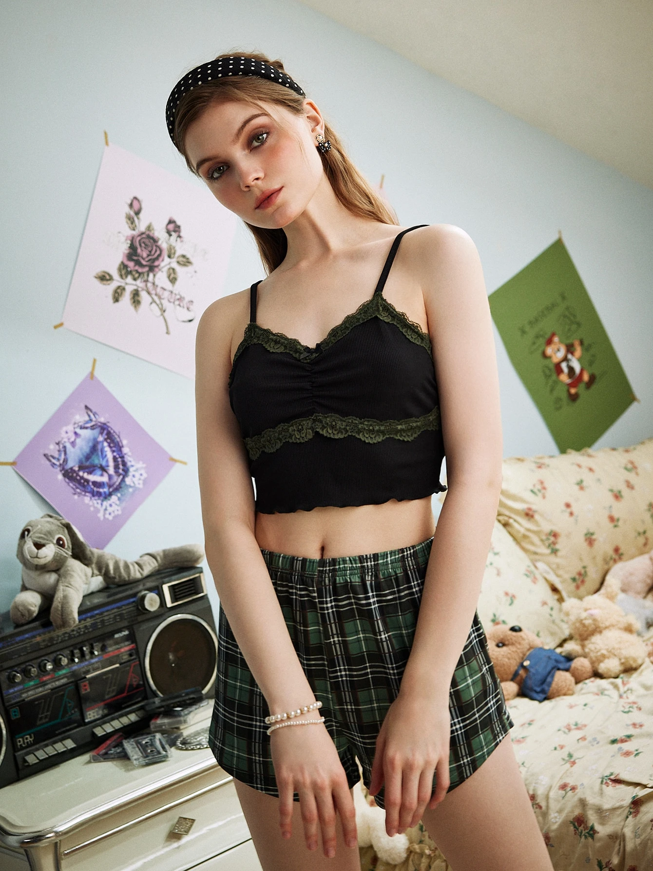 Miniatura 5 de Conjunto de pijama de cuadros con encaje fruncido Multicolor