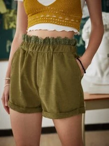 ROMWE Contrast Lace Shorts - Army Green - View 1