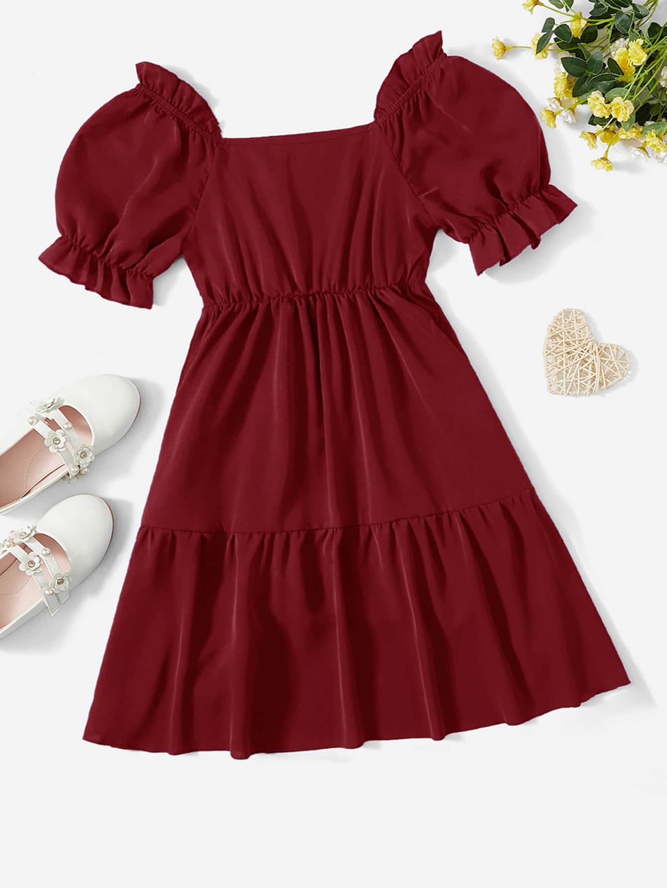 Girls Puff Sleeve Ruffle Hem Dress - Burgundy - View 1