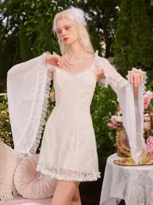 ROMWE Fairycore Contrast Lace Bell Sleeve Top - White - View 5