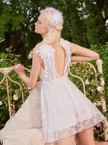 ROMWE Fairycore Đầm Đề can Tương phản Mesh màu trơn Lãng mạn - trắng - Xem 1