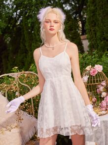 ROMWE Fairycore Đầm Đề can Tương phản Mesh màu trơn Lãng mạn - trắng - Xem 2