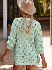 Drop Shoulder Slit Hem Pointelle Knit Duster Cardigan - Mint Green - View 2