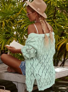 Drop Shoulder Slit Hem Pointelle Knit Duster Cardigan - Mint Green - View 4