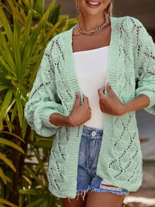 Drop Shoulder Slit Hem Pointelle Knit Duster Cardigan - Mint Green - View 5