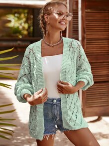 Drop Shoulder Slit Hem Pointelle Knit Duster Cardigan - Mint Green - View 6