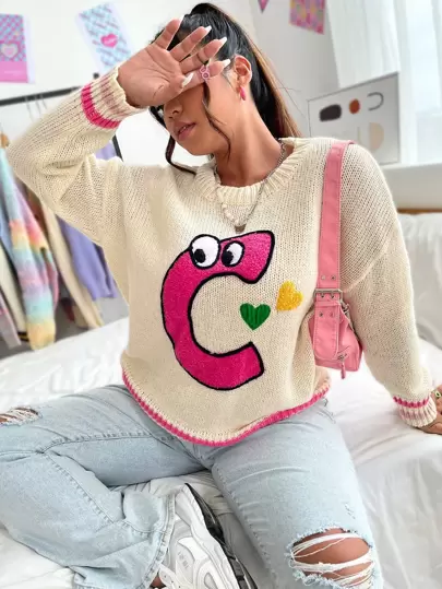 SHEIN Qutie Plus Heart & Cartoon Pattern Drop Shoulder Sweater Knit Pullover Fall Winter