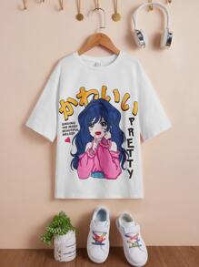SHEIN Girls Figure & Slogan Graphic Drop Shoulder Tee - White - View 1