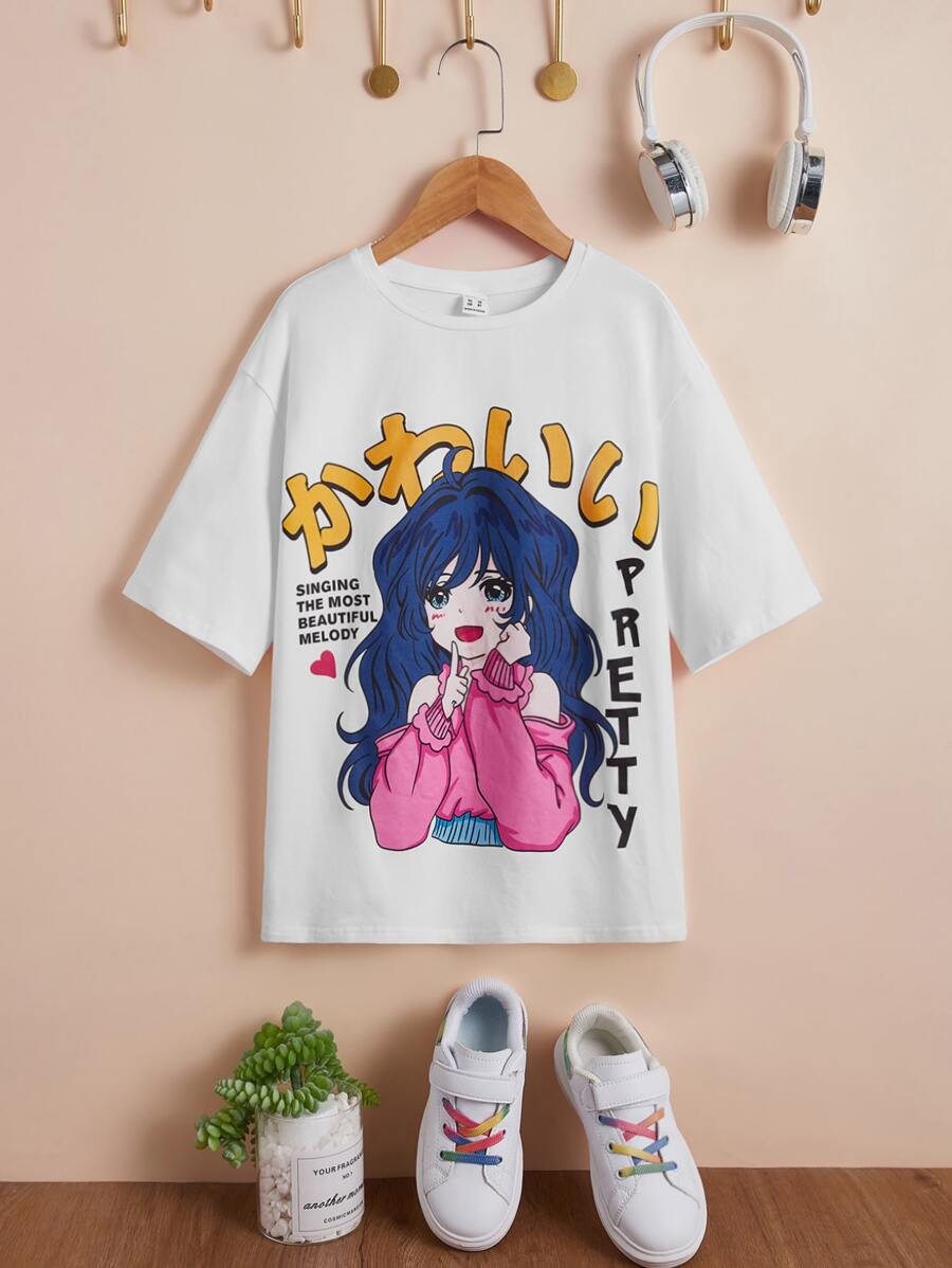 SHEIN Girls Figure & Slogan Graphic Drop Shoulder Tee - White - View 1