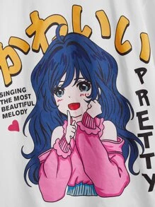 SHEIN Girls Figure & Slogan Graphic Drop Shoulder Tee - White - View 3