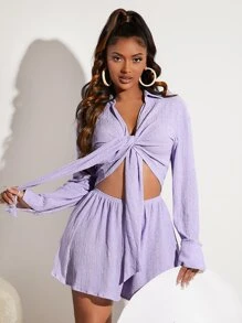 SHEIN SXY Solid Twist Front Crop Blouse & Shorts - Purple - View 1