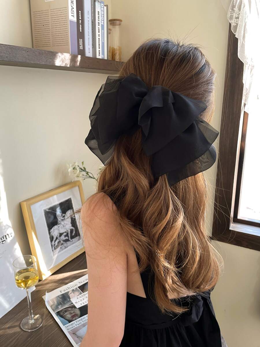 1 pieza Elegante Clip de pelo en forma de nube de malla negra para mujer con lazo de purpurina rosa y morada, Accesorios para el cabello, Artículos escolares - Negro - Ver 1