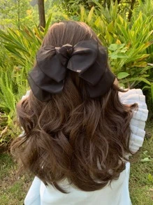 1 pieza Elegante Clip de pelo en forma de nube de malla negra para mujer con lazo de purpurina rosa y morada, Accesorios para el cabello, Artículos escolares - Negro - Ver 4