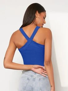 Muchica Rib Knit Halter Crop Top, Going Out Top - Royal Blue - View 3