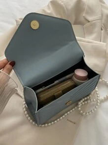 迷你鋸齒紋細節人造珍珠裝飾翻蓋方包 - 淺藍色 - 查看 4