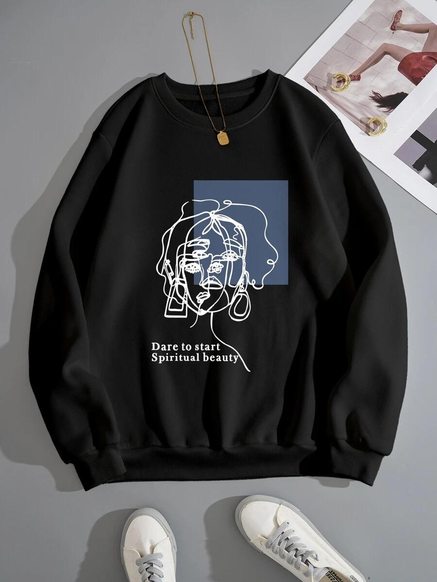 SHEIN EZwear Áo nỉ Hình vẽ trừu tượng Và Đồ họa Khẩu hiệu Lót nhiệt - màu đen - Xem 1