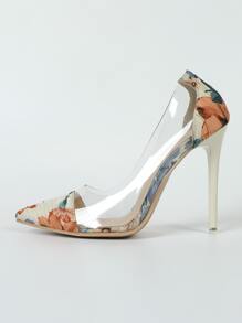 Women Floral Print Point Toe Stiletto Heeled Court Pumps, Fashionable Color Block Heeled Pumps - Multicolor - View 3