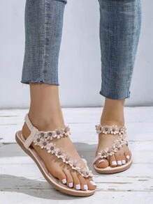 女士白色平底花朵凉鞋露趾沙滩鞋波西米亚风格米色夏季拖鞋