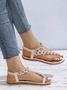 女士白色平底花朵凉鞋露趾沙滩鞋波西米亚风格米色夏季拖鞋