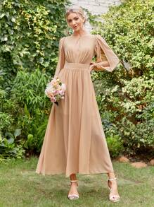 SHEIN Belle 鎖眼領口開叉燈籠袖雪紡伴娘連衣裙 - 杏色 - 查看 1