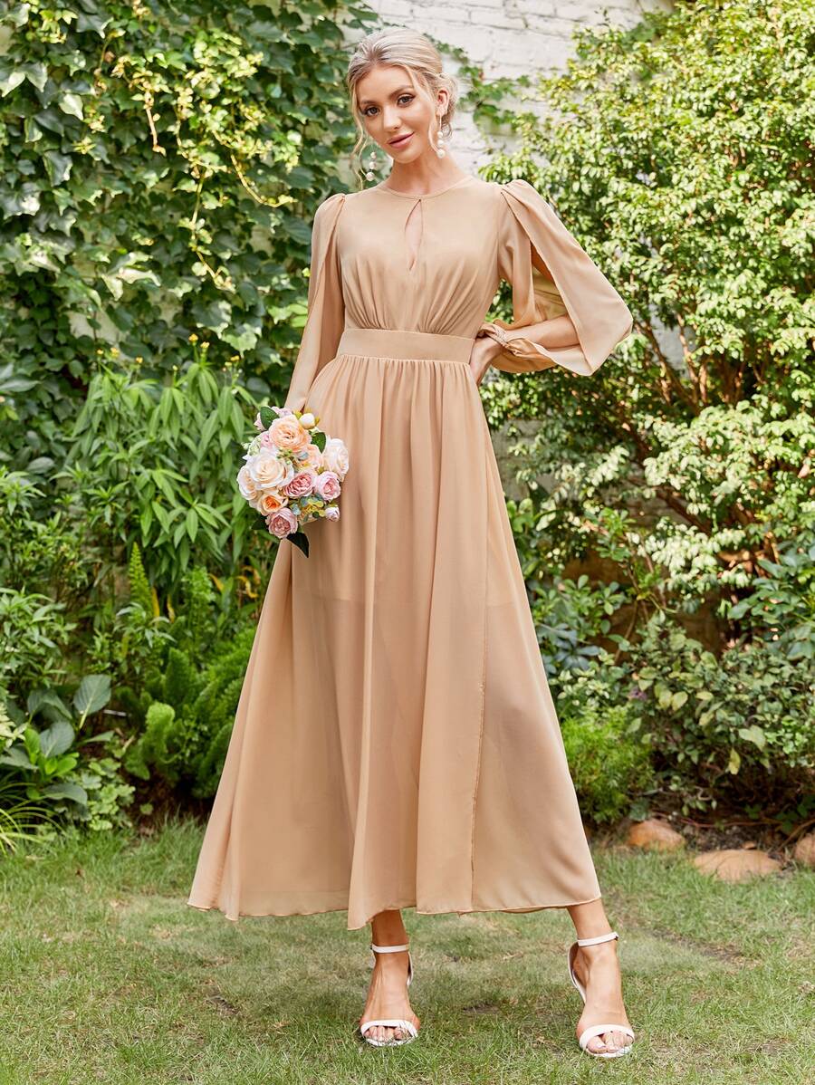 SHEIN Belle 鎖眼領口開叉燈籠袖雪紡伴娘連衣裙 - 杏色 - 查看 1