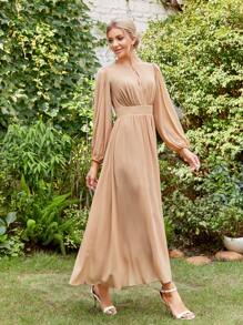 SHEIN Belle 鎖眼領口開叉燈籠袖雪紡伴娘連衣裙 - 杏色 - 查看 3