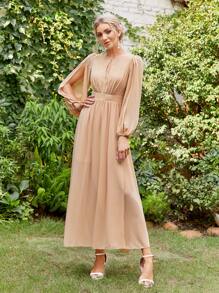 SHEIN Belle 鎖眼領口開叉燈籠袖雪紡伴娘連衣裙 - 杏色 - 查看 4