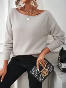 SHEIN LUNE Boat Neck Drop Shoulder Jumper - Light Grey - View 6