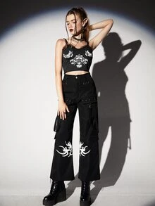 ROMWE 條紋圖案木耳褶皺邊吊帶短上衣 - 黑色 - 查看 3